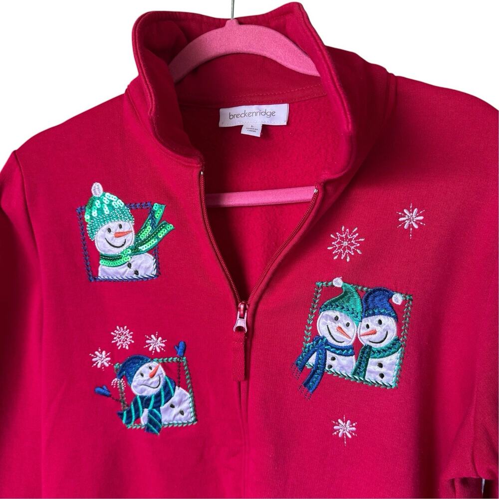 Breckenridge Zip Red Embroidered Snowman Fleece Jacket L Festive Holidays X-mas